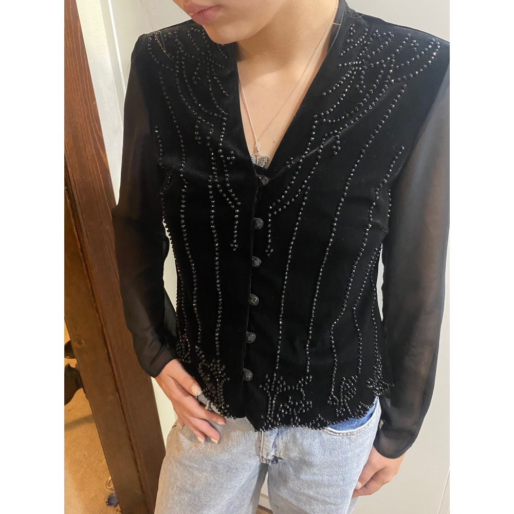 Vintage JR Nites 90s Black Velvet Beaded Sheer Sleeve Button Up Blouse Small